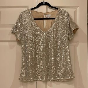 Heartloom, large, V-neck, short, sleeved, champagne, sequin blouse